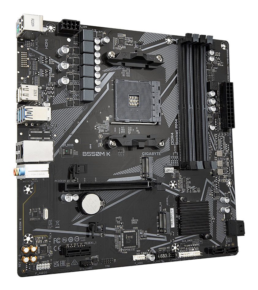 GIGABYTE B550M K Mainboard – AMD Ryzen 5000 CPUs, bis zu 4733 MHz DDR4, 1xPCIe 4.0 + 1xPCIe 3.0 M.2, 1GbE LAN, USB 3.2 Gen 1