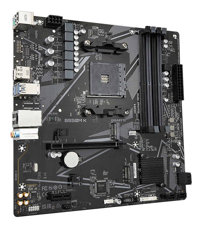 GIGABYTE B550M K Mainboard – AMD Ryzen 5000 CPUs, bis zu 4733 MHz DDR4, 1xPCIe 4.0 + 1xPCIe 3.0 M.2, 1GbE LAN, USB 3.2 Gen 1