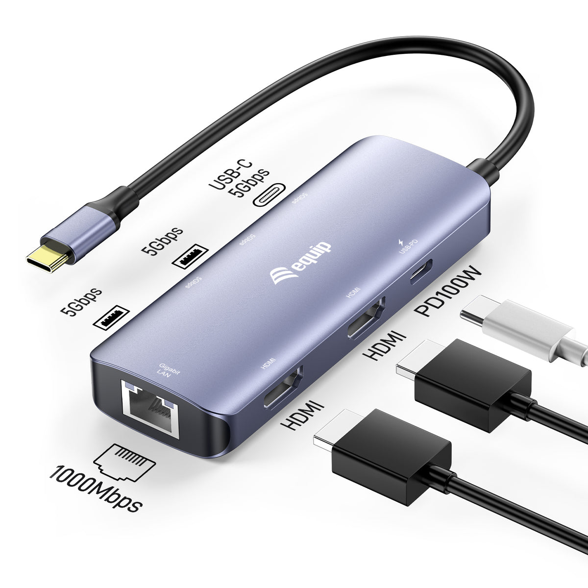 Equip USB-C 7-in-1 MST Multifunktionsadapter, Dual-HDMI 4K 30Hz, Gigabit-Ethernet, 100W USB-C PD, USB-C (5 Gbit/s) x 1, USB-A (5 Gbit/s) x 2