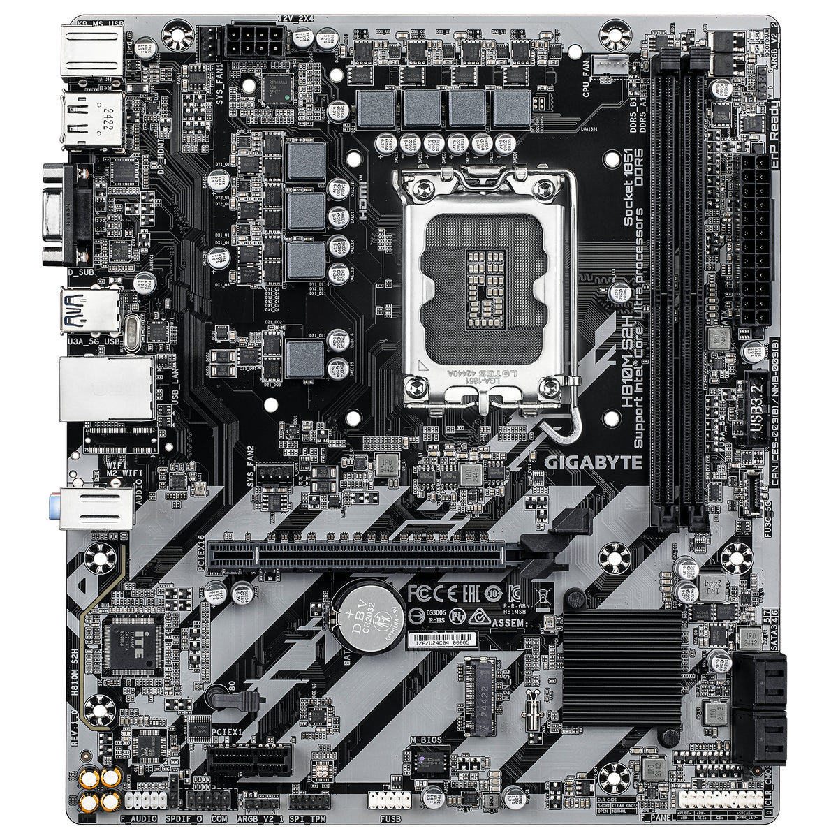 GIGABYTE H810M S2H Mainboard – Intel Core Ultra (Serie 2) CPUs, 4+1+2 Phasen VRM, bis zu 6400 MHz DDR5, 1xPCIe 4.0 M.2, 1GbE LAN, USB 3.2 Gen 1