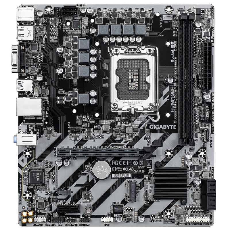 GIGABYTE H810M S2H Mainboard – Intel Core Ultra (Serie 2) CPUs, 4+1+2 Phasen VRM, bis zu 6400 MHz DDR5, 1xPCIe 4.0 M.2, 1GbE LAN, USB 3.2 Gen 1
