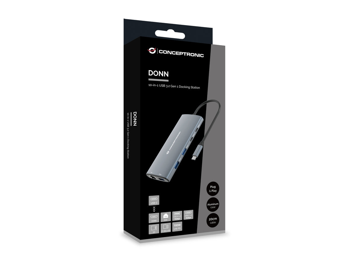Conceptronic DONN06G 10-in-1 USB 3.2 Gen 1 Dockingstation, HDMI, 100W USB PD, USB-C 5Gbps x 2, USB-A 5Gbps x 3, SD, TF/MicroSD, GbE