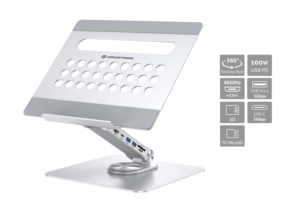Conceptronic DONN27G Support pour ordinateur portable avec station d'accueil 7-en-1, base rotative à 360°, pliable, réglable en hauteur