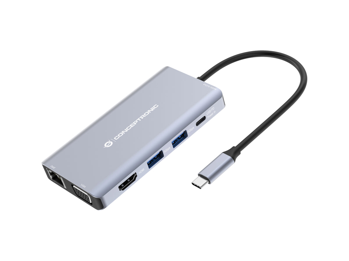 Conceptronic DONN20G 10-in-1 USB 3.2 Gen 1 Dockingstation, HDMI, VGA, USB-A 5Gbps, USB-C 5Gbps, SD, TF/MicroSD, Audio, GbE LAN, 100W USB PD