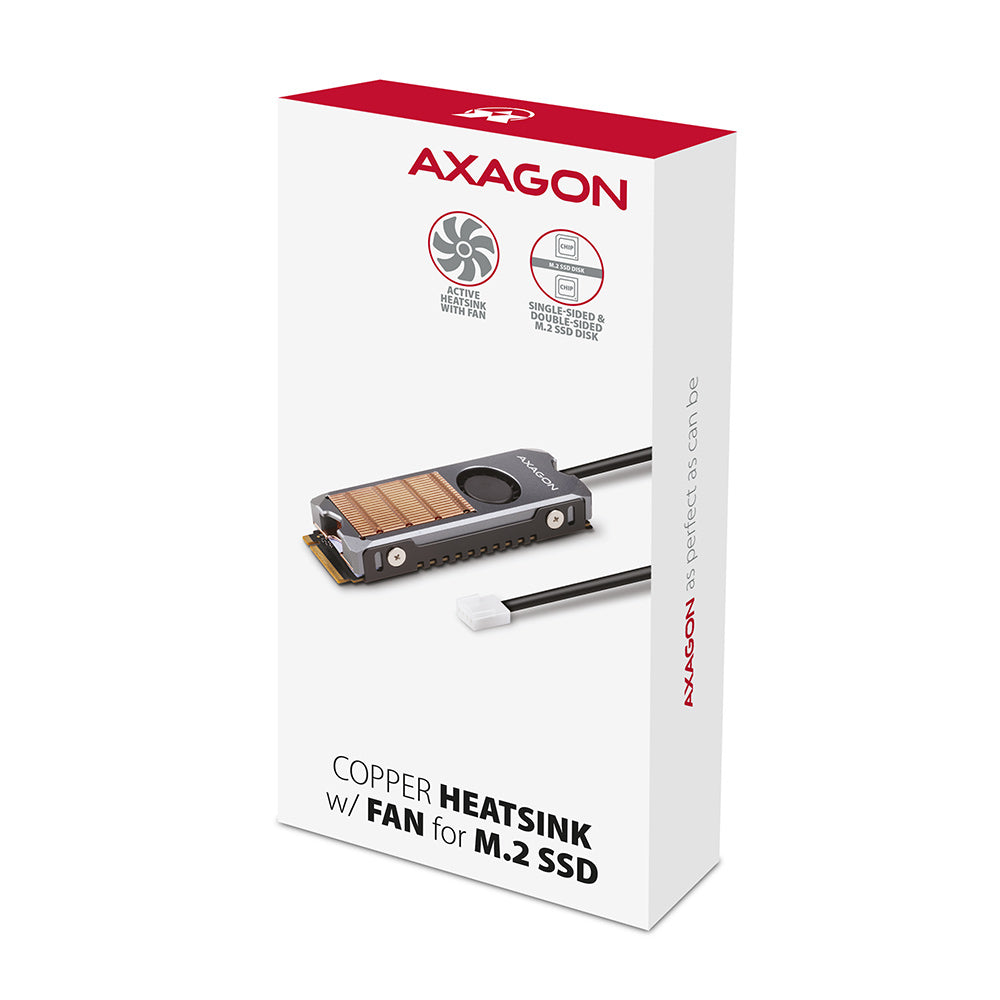 Axagon CLR-M2FAN Kupferkühler mit Lüfter für einseitige und doppelseitige M.2 SSD-Platten, Größe 2280, Höhe 13 mm.