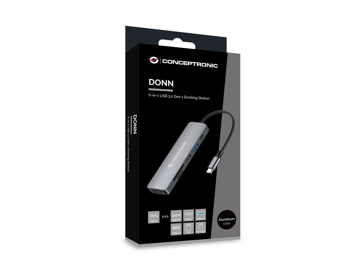 Conceptronic DONN11G 6-in-1 USB 3.2 Gen 1 Dockingstation, HDMI, 100W USB PD, USB 3.0, USB 2.0, SD, TF/MicroSD