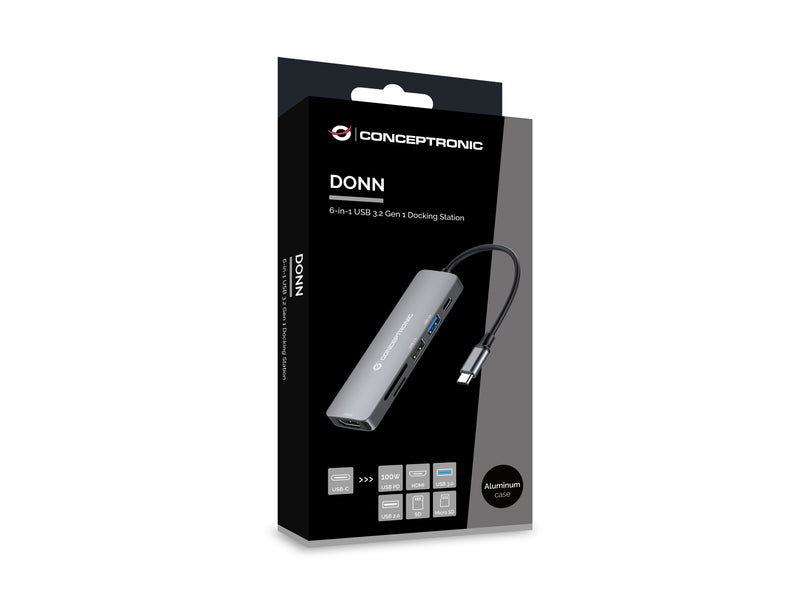 Conceptronic DONN11G 6-in-1 USB 3.2 Gen 1 Dockingstation, HDMI, 100W USB PD, USB 3.0, USB 2.0, SD, TF/MicroSD