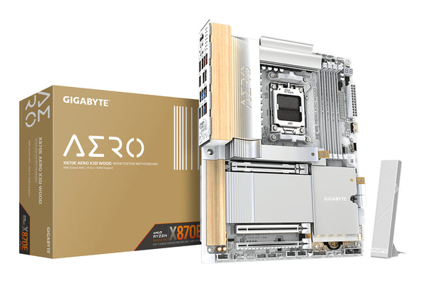 GIGABYTE X870E AERO X3D WOOD Mainboard - Unterstützt AMD Ryzen 9000 CPUs, digitales 16+2+2-Phasen-VRM, bis zu 9000Hz DDR5 (O.C.), 2xPCIe 5.0 + 2xPCIe 4.0, Wi-Fi 7, 5GbE LAN, USB 4