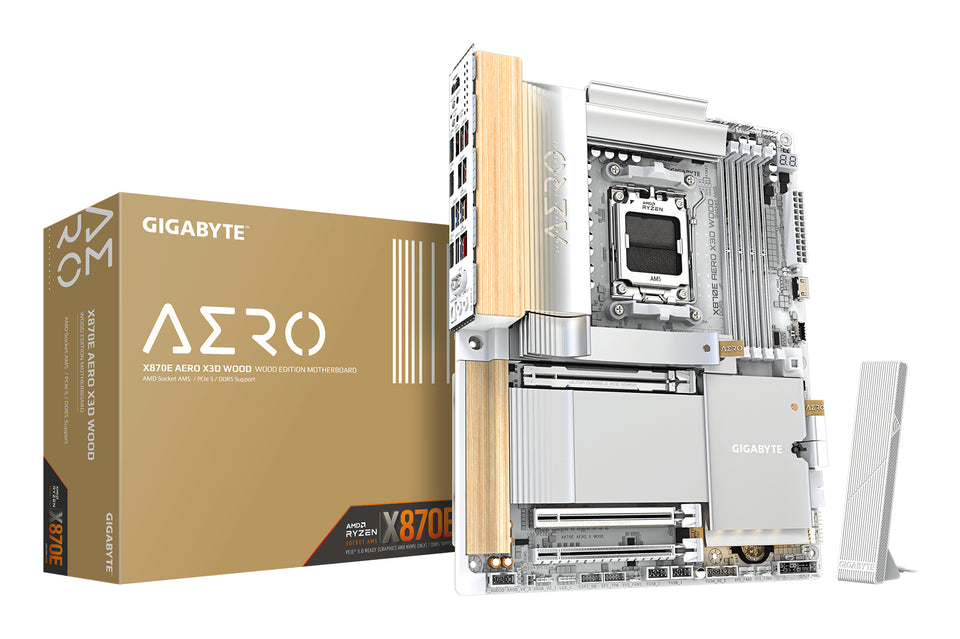 Carte mère GIGABYTE X870E AERO X3D WOOD - Prend en charge les processeurs AMD Ryzen 9000, VRM numérique 16+2+2 phases, DDR5 jusqu'à 9000 Hz (O.C.), 2xPCIe 5.0 + 2xPCIe 4.0, Wi-Fi 7, LAN 5GbE, USB 4