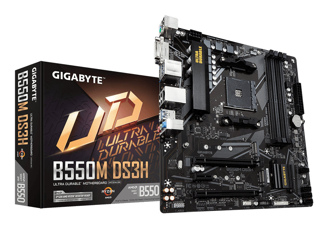 GIGABYTE B550M DS3H Mainboard – AMD Ryzen 5000 CPUs, 5+3 Phasen VRM, bis zu 4733 MHz DDR4, 1xPCIe 4.0 + 1xPCIe 3.0 M.2, 1GbE LAN, USB 3.2 Gen 1