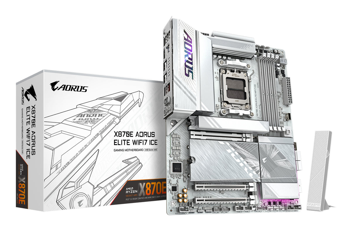 GIGABYTE X870E AORUS ELITE WIFI7 ICE Mainboard – Unterstützt AMD Ryzen 9000 Prozessoren, digitales 16+2+2 Phasen VRM, bis zu 8200 MHz DDR5 (O.C.), 3x PCIe 5.0 + 1x PCIe 4.0, Wi-Fi 7, 2.5 GbE LAN, USB 4