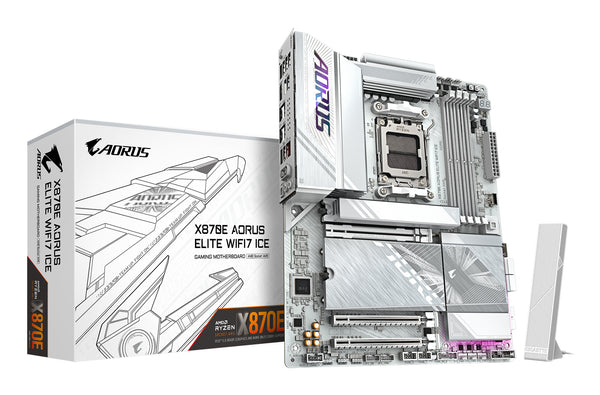 Carte mère GIGABYTE X870E AORUS ELITE WIFI7 ICE – Prend en charge les processeurs AMD Ryzen série 9000, VRM numérique 16+2+2 phases, DDR5 jusqu'à 8200 MHz (O.C.), 3x PCIe 5.0 + 1x PCIe 4.0, Wi-Fi 7, LAN 2,5 GbE, USB 4