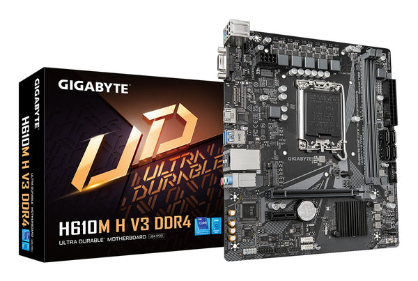 Carte mère GIGABYTE H610M H V3 DDR4 - Prend en charge les processeurs Intel Core de 14ème génération, VRM numérique à 4+1+1 phases hybrides, jusqu'à 3200MHz DDR4, 1xPCIe 3.0 M.2, GbE LAN, USB 3.2 Gen 1