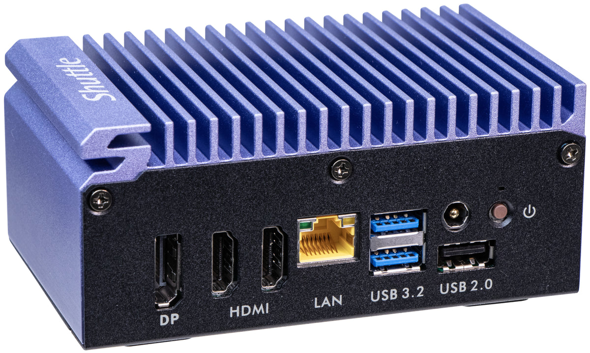Shuttle Edge PC SPCEL12 , Intel Celeron J6412 , 2x HDMI, 1x DP, 2x 2.5G LAN, 1x DDR4, 1x Micro SD card reader, 1x Nano SIM slot, 3x USB, 2x M.2 (SATA), 12-20V , 24/7 Dauerbetrieb, lüfterlos, inkl. VESA Befestigung