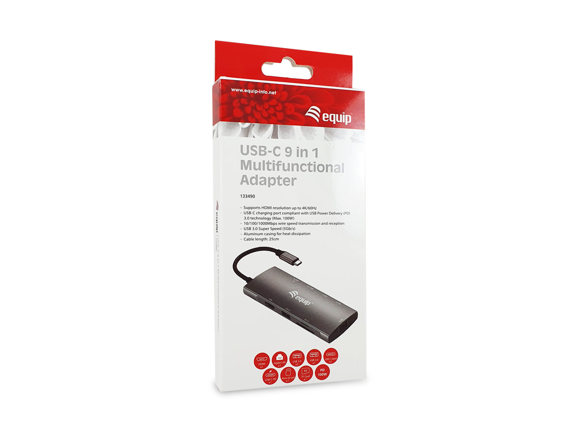 Equip USB-C 9-in-1-Multifunktionsadapter, HDMI 4K/60Hz, Gigabit LAN, USB 3.2 GEN1, SD/TF, 100W USB PD