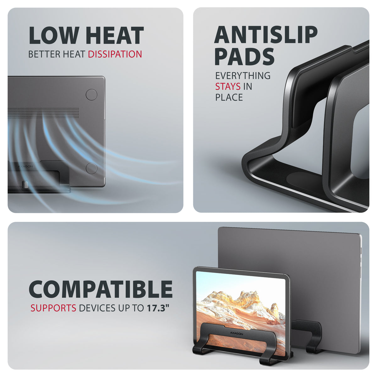 Axagon STND-VB Aluminiumständer für die vertikale Platzierung von Laptops mit einer Größe von 10"–17.3". Einstellbare Schlitzbreite 9.5–25.5 mm. Schwarze Version.