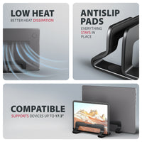 Axagon STND-VB Aluminiumständer für die vertikale Platzierung von Laptops mit einer Größe von 10"–17.3". Einstellbare Schlitzbreite 9.5–25.5 mm. Schwarze Version.
