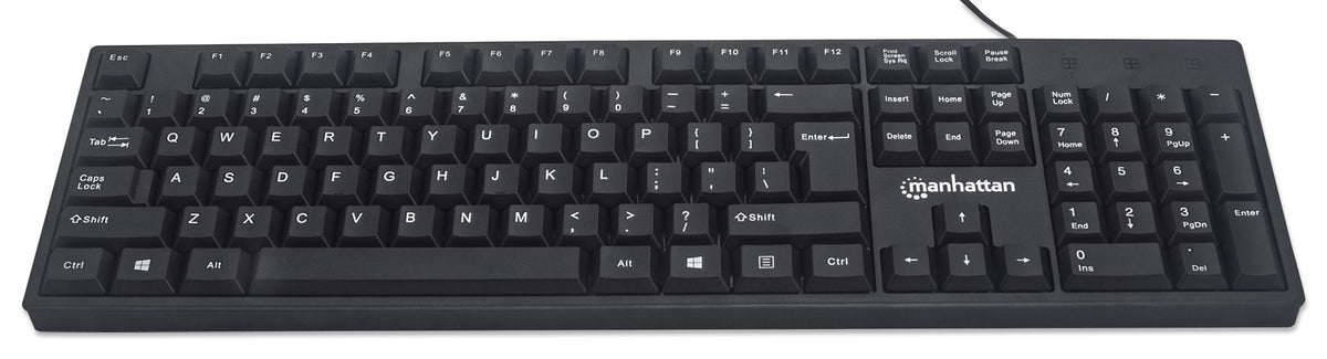 Manhattan USB-Tastatur, Kabelgebunden, 104 Tasten, integriertes USB-Kabel, LED-Anzeigen, schwarz