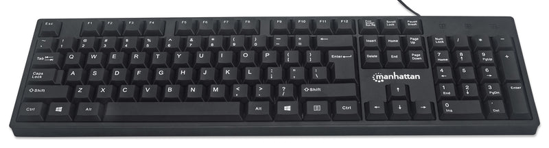 Manhattan USB-Tastatur, Kabelgebunden, 104 Tasten, integriertes USB-Kabel, LED-Anzeigen, schwarz