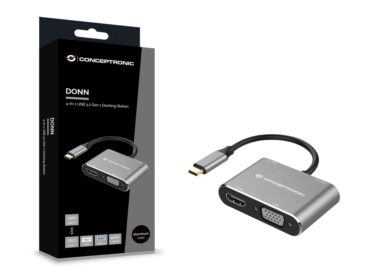 Conceptronic DONN16G 4-in-1 USB 3.2 Gen 1 Dockingstation, HDMI, VGA, USB-A 3.0, 100W USB PD
