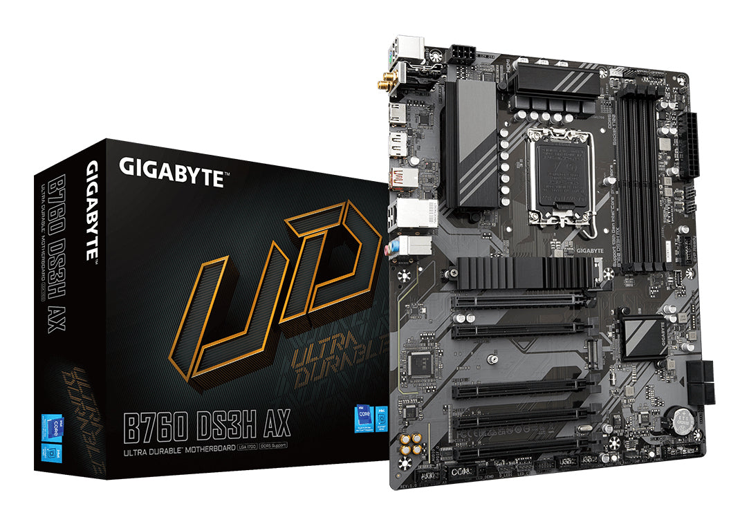 GIGABYTE B760 DS3H AX Mainboard - Unterstützt Intel Core Prozessoren der 14. Generation, 8+2+1 Phasen digitales VRM, bis zu 7600MHz DDR5 (OC), 2x PCIe 4.0 M.2, Wi-Fi 6E, GbE LAN, USB 3.2 Gen 2x2