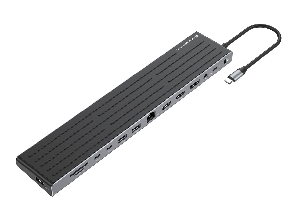 Conceptronic DONN32B 14-in-1 MST-Dockingstation USB 3.2 Gen 1, HDMI x2, DisplayPort, Gigabit-LAN, USB-A 5Gbps x3, USB-C 5Gbps x2, SD-Kartenleser, MicroSD/TF, 3,5-mm-Headset-Anschluss, Sicherheitssteckplatz, 100W USB Power Delivery