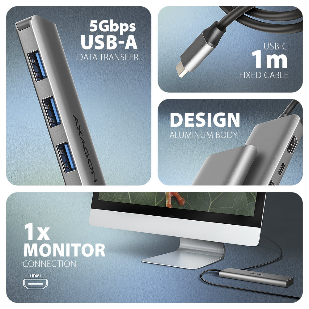 Axagon HMC-5H USB-C 3.2 Gen 1 hub 3x USB-A 4K HDMI PD 100W - Silber Kabelgebunden USB 3.2 Gen 1 (3.1 Gen 1) Type-C