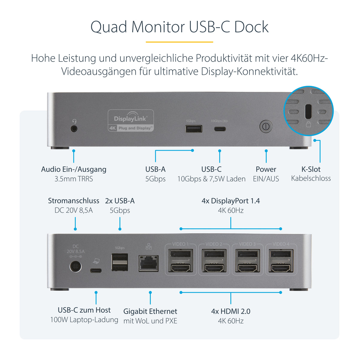 StarTech.com USB C Dockingstation für 4 monitore - 4K 60Hz Hybrid Notebook Dock DisplayPort 1.4 & HDMI 2.0 - Universal USB-C/Thunderbolt Laptop Dock mit 100W PD - USB Hub mit 1x USB-C & 3x USB-A, GbE, Audio