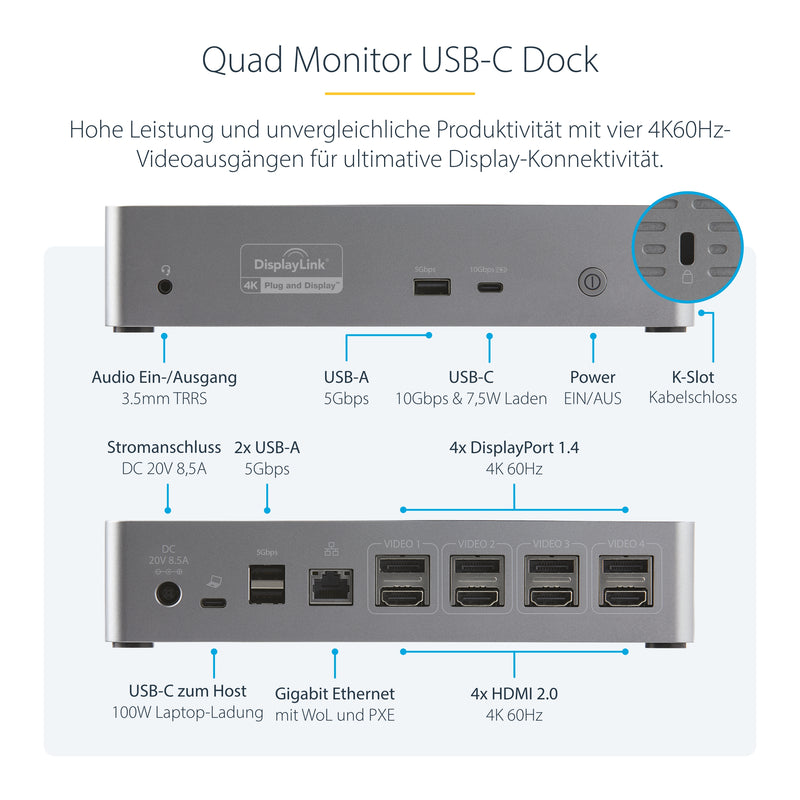 StarTech.com USB C Dockingstation für 4 monitore - 4K 60Hz Hybrid Notebook Dock DisplayPort 1.4 & HDMI 2.0 - Universal USB-C/Thunderbolt Laptop Dock mit 100W PD - USB Hub mit 1x USB-C & 3x USB-A, GbE, Audio