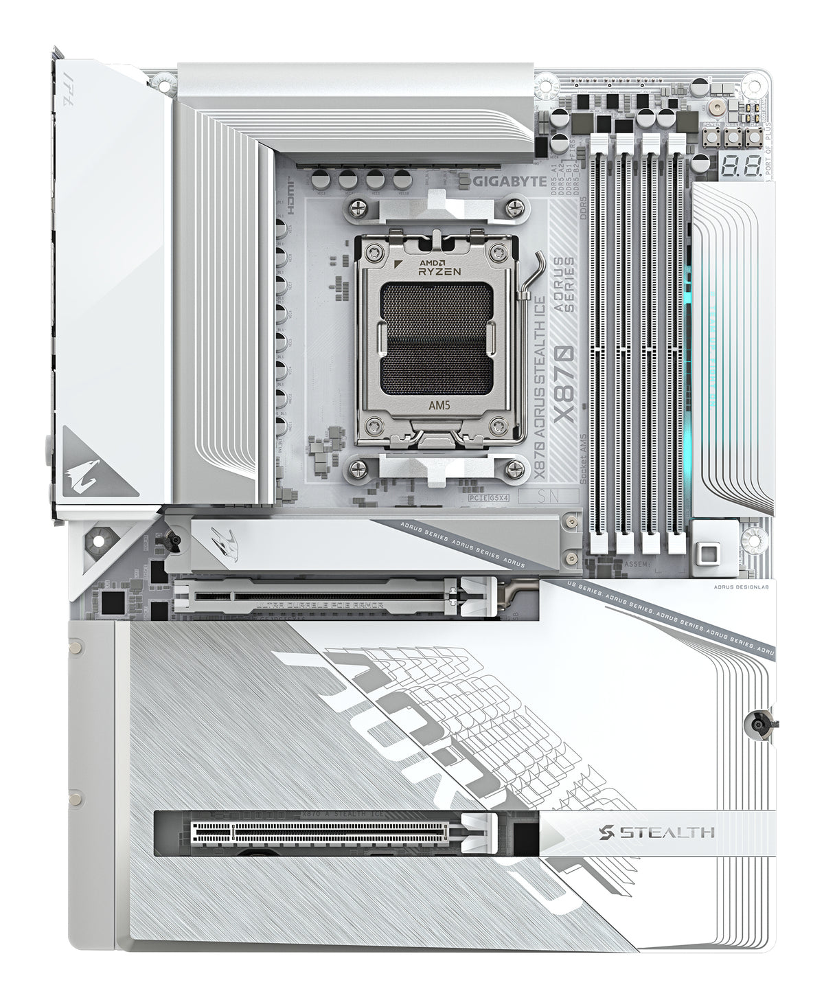 GIGABYTE X870 AORUS STEALTH ICE Mainboard – Unterstützt AMD Ryzen 9000 CPUs, digitales 16+2+2 Phasen VRM, bis zu 8200 MHz DDR5 (OC), 2 x PCIe 5.0 + 2 x PCIe 4.0, Wi-Fi 7, 5 GbE LAN, USB 4