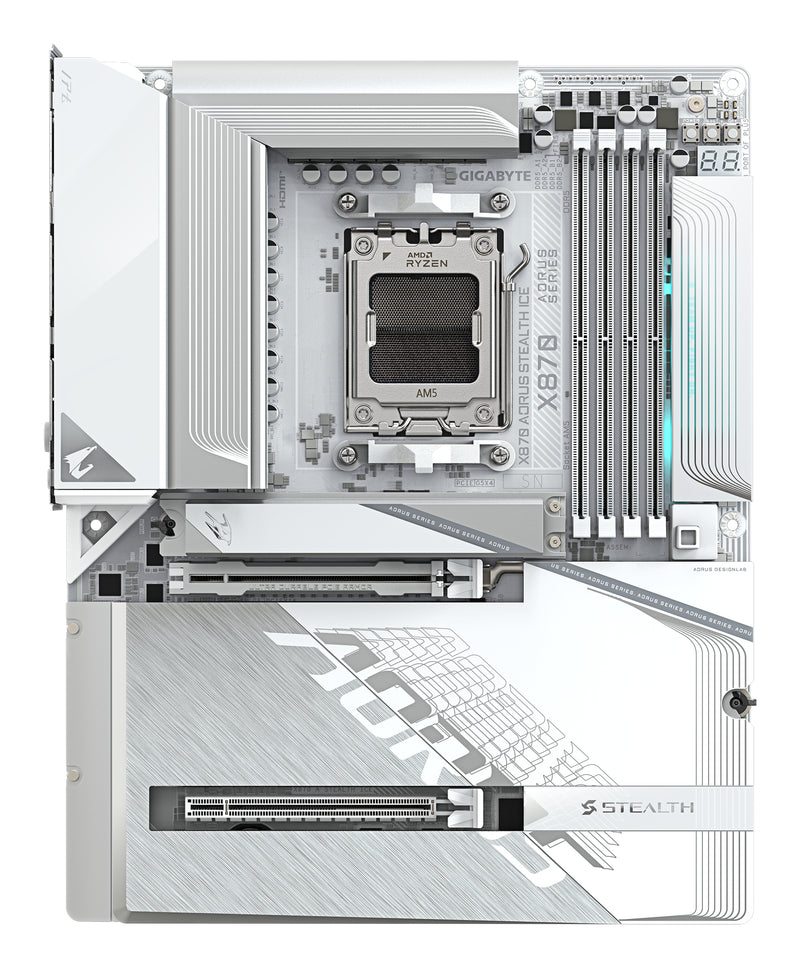 GIGABYTE X870 AORUS STEALTH ICE Mainboard – Unterstützt AMD Ryzen 9000 CPUs, digitales 16+2+2 Phasen VRM, bis zu 8200 MHz DDR5 (OC), 2 x PCIe 5.0 + 2 x PCIe 4.0, Wi-Fi 7, 5 GbE LAN, USB 4