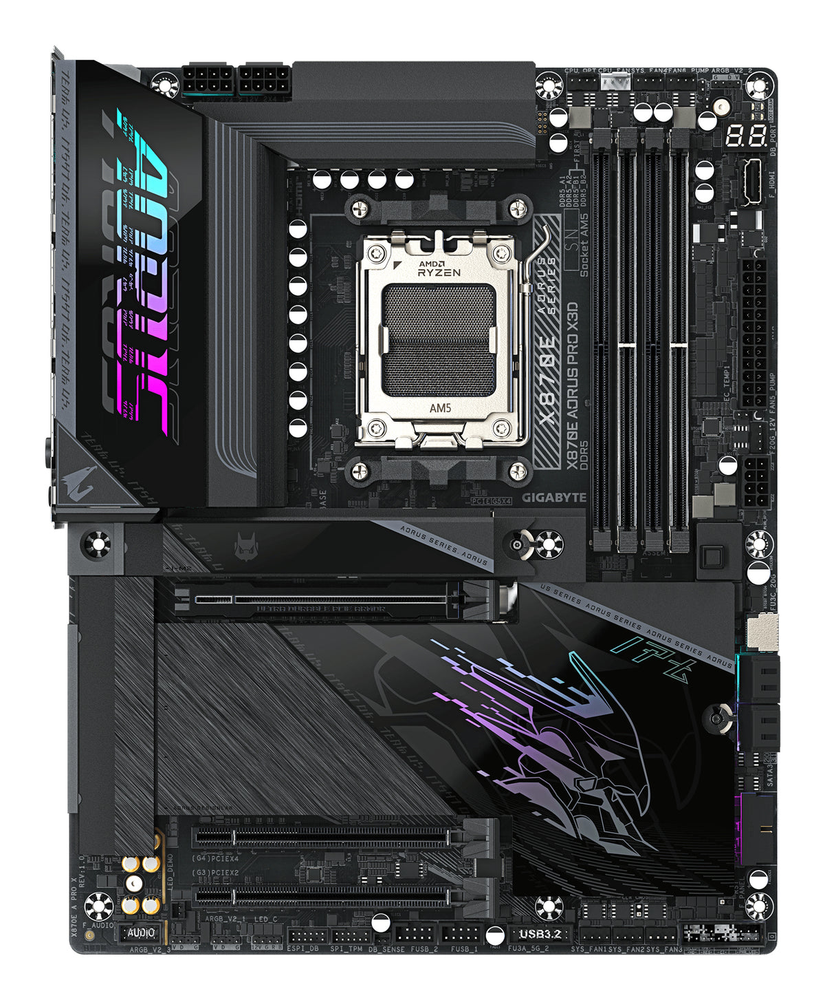 GIGABYTE X870E AORUS PRO X3D Mainboard - Unterstützt AMD Ryzen 9000 CPUs, digitales 18+2+2-Phasen-VRM, bis zu 9000MHz DDR5 (O.C.), 2xPCIe 5.0 + 2xPCIe 4.0, Wi-Fi 7, 5GbE LAN, USB 4