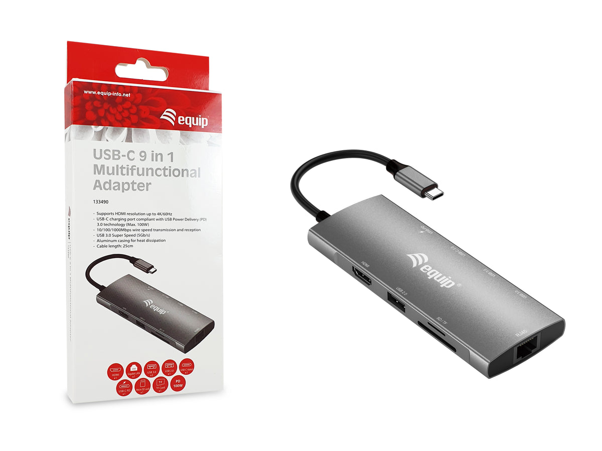 Equip USB-C 9-in-1-Multifunktionsadapter, HDMI 4K/60Hz, Gigabit LAN, USB 3.2 GEN1, SD/TF, 100W USB PD