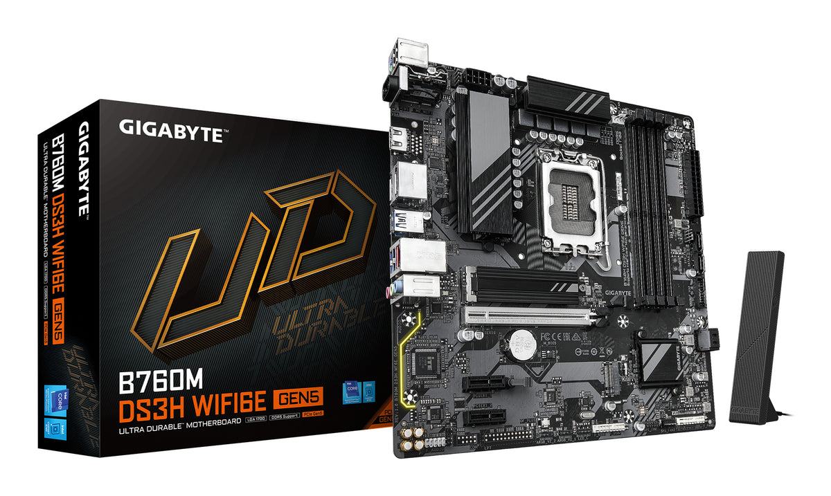 GIGABYTE B760M DS3H WIFI6E GEN5 Mainboard – Unterstützt Intel Core Prozessoren der 14. Generation, 6+2+1 Phasen Digital-VRM, bis zu 5600 MHz DDR5, 2 x PCIe 4.0 M.2, Wi-Fi 6E, 2.5 GbE LAN, USB 3.2 Gen2