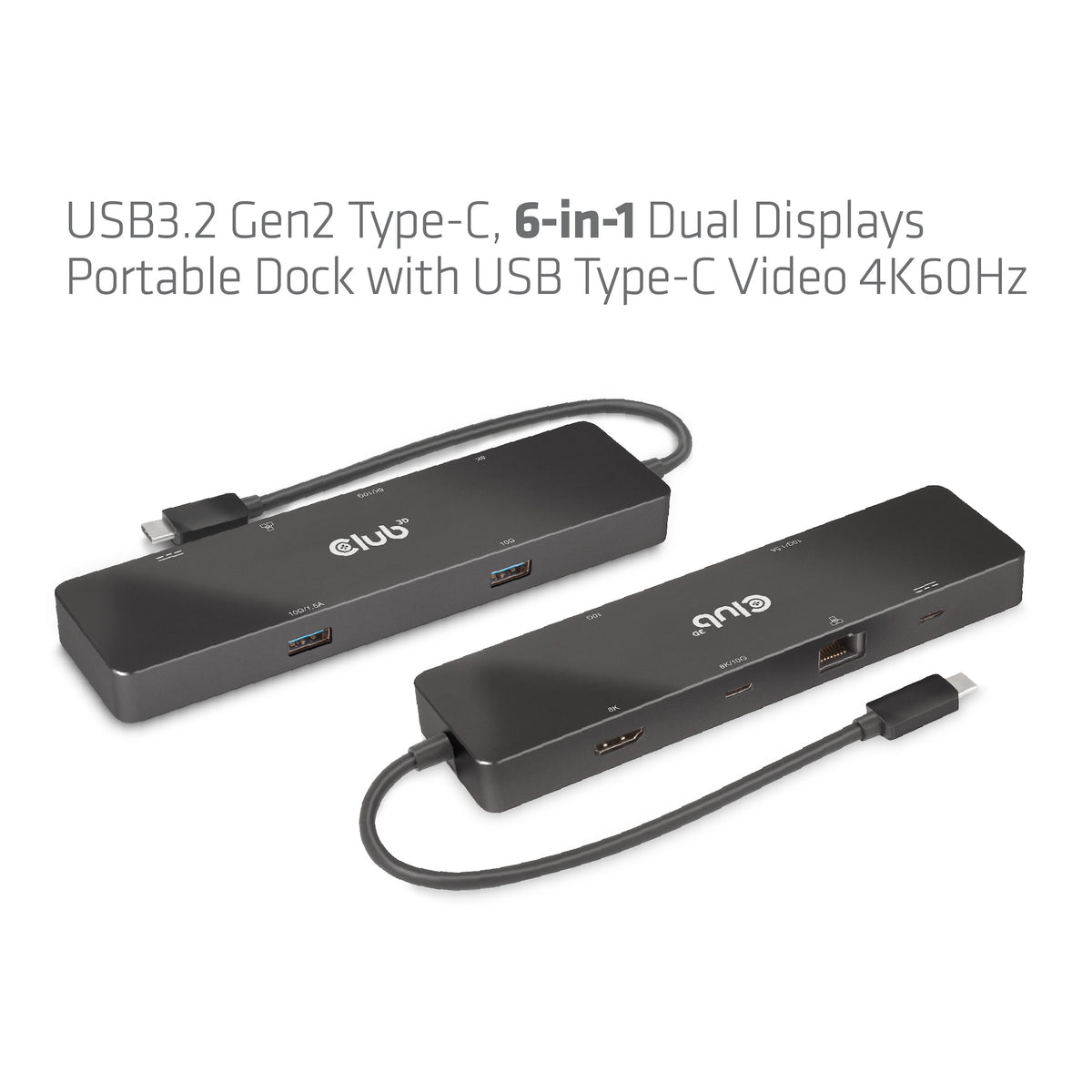 CLUB3D 6-in-1 USB3.2 Gen2 Typ-C Dual Displays Portable Dock mit USB Typ-C Video 4K60Hz