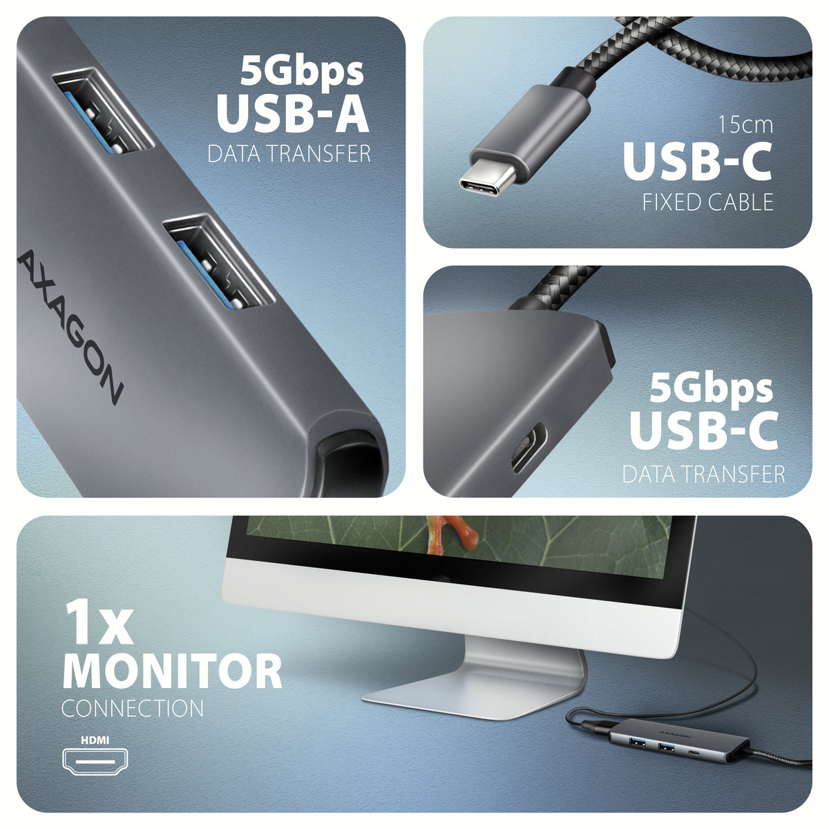 Axagon HMC-5H8K USB 5Gbps hub 2x USB-A USB-C HDMI 8k/30Hz PD 100W kabel USB-C Kabelgebunden USB 3.2 Gen 1 (3.1 Gen 1) Type-C Grau