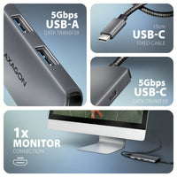 Axagon HMC-5H8K USB 5Gbps hub 2x USB-A USB-C HDMI 8k/30Hz PD 100W kabel USB-C Kabelgebunden USB 3.2 Gen 1 (3.1 Gen 1) Type-C Grau