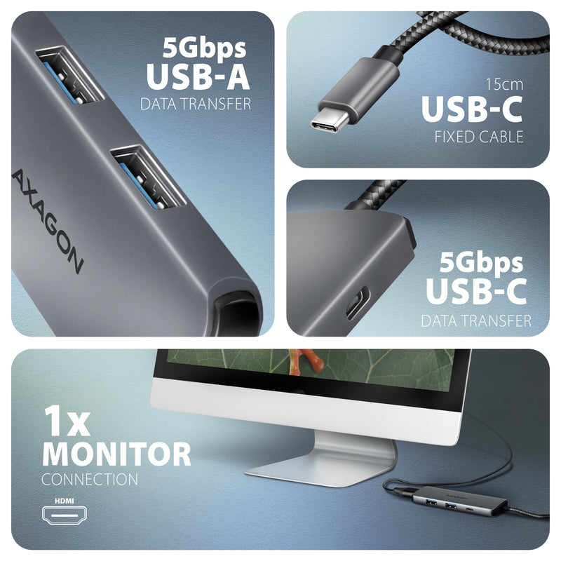 Axagon HMC-5H8K USB 5Gbps hub 2x USB-A USB-C HDMI 8k/30Hz PD 100W kabel USB-C Kabelgebunden USB 3.2 Gen 1 (3.1 Gen 1) Type-C Grau
