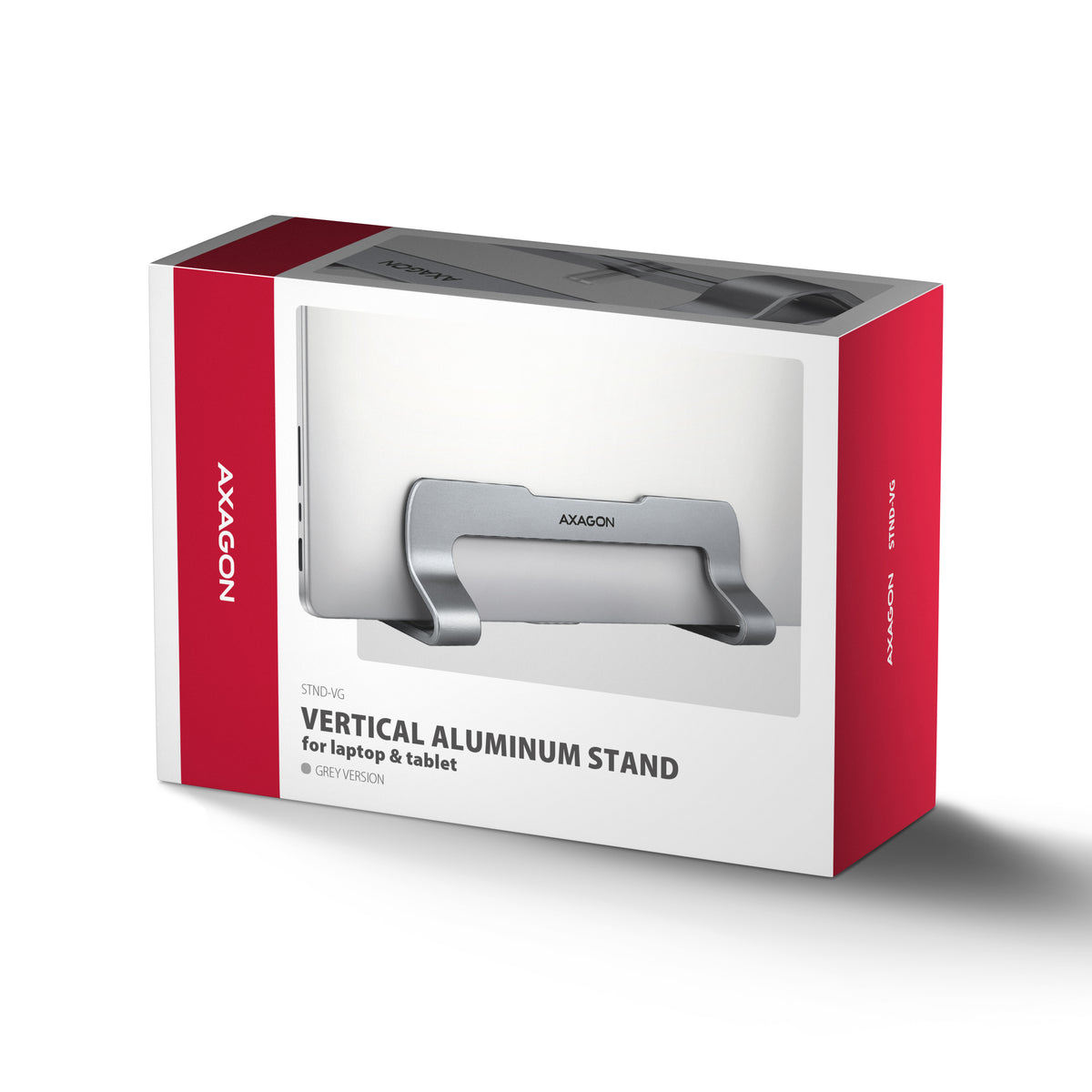 Axagon STND-VG Aluminiumständer für die vertikale Platzierung von Laptops mit einer Größe von 10"–17.3". Einstellbare Schlitzbreite 9.5–25.5 mm. Graue Version.