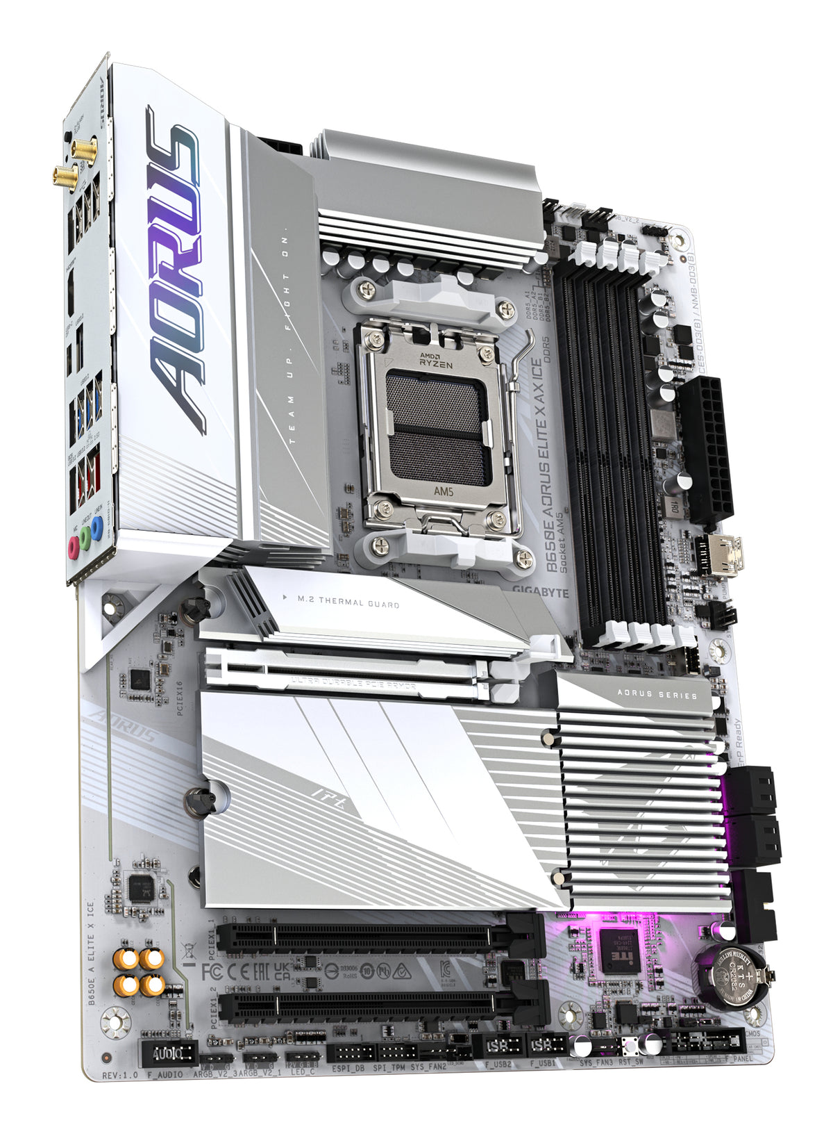 GIGABYTE B650E AORUS ELITE X AX ICE Mainboard - AMD Ryzen 9000er-Serie, 12+2+2 Phasen VRM, bis zu 8000 MHz DDR5 (OC), 1xPCIe 5.0 + 2xPCIe 4.0 M.2, 2,5 GbE LAN, WIFI 6E, USB 3.2 Gen 2