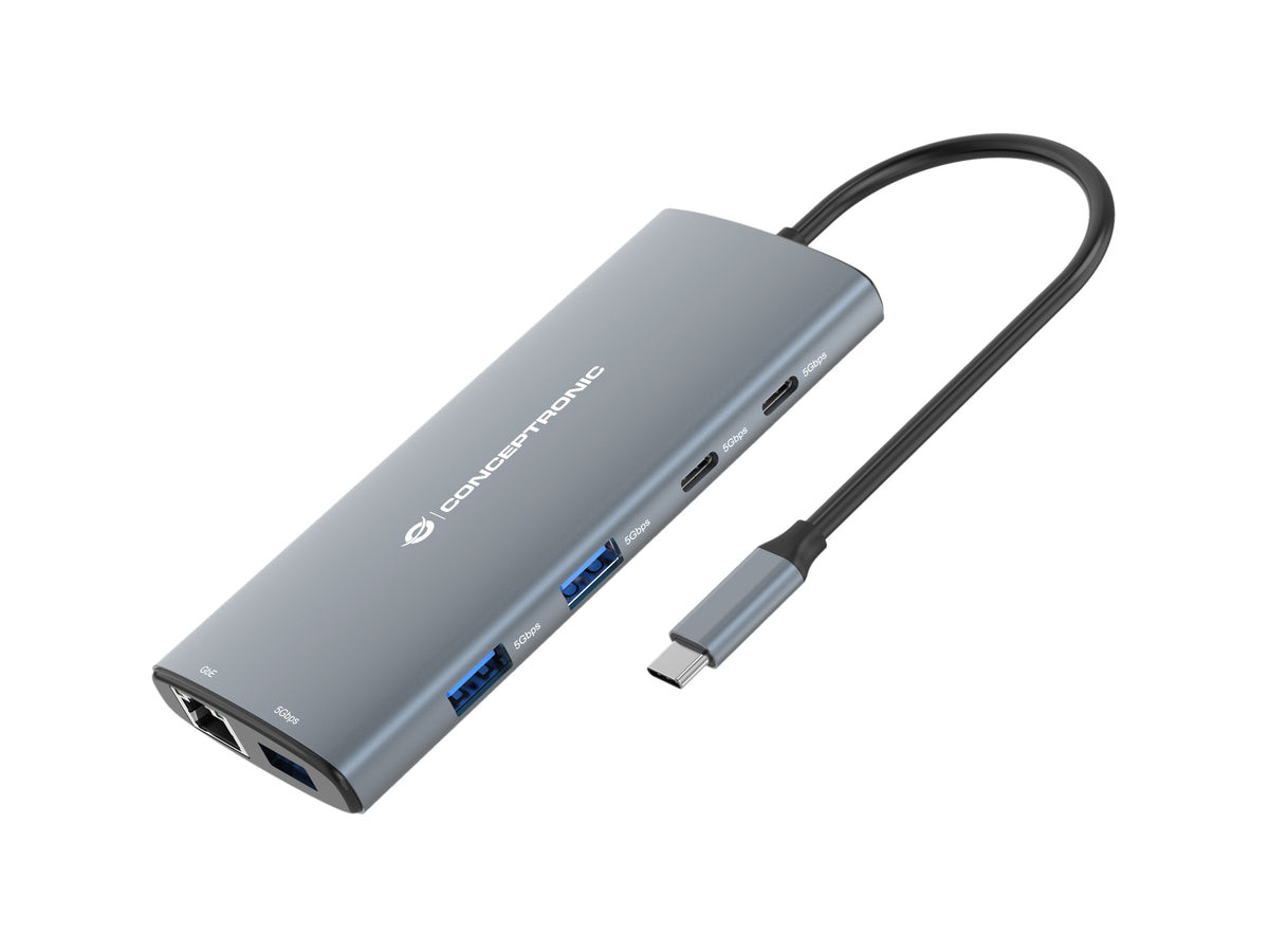 Conceptronic DONN06G 10-in-1 USB 3.2 Gen 1 Dockingstation, HDMI, 100W USB PD, USB-C 5Gbps x 2, USB-A 5Gbps x 3, SD, TF/MicroSD, GbE