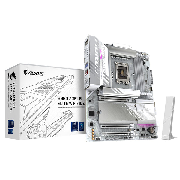 GIGABYTE B860 AORUS ELITE WIFI7 ICE Mainboard - Intel Core Ultra CPUs, 14+1+2+1 Phasen VRM, bis zu 9200MHz DDR5, 1xPCIe 5.0 + 2xPCIe 4.0 M.2, 2,5 GbE LAN, WIFI 7, USB 4