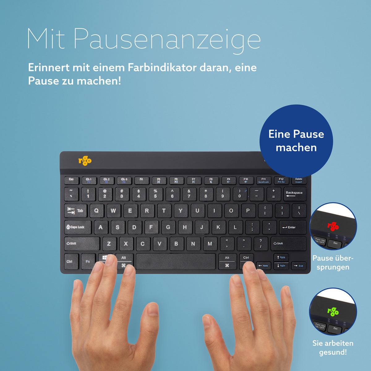 R-Go Tools Ergonomische Tastatur R-Go Compact Break, kompakte Tastatur mit Pausensoftware, QWERTY (US), Bluetooth, Schwarz