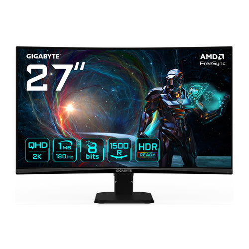 GIGABYTE GS27QCA 27" QHD Gebogener Gaming-Monitor – 2560 x 1440, 180Hz, 1ms, 250 cd/m², FreeSync, HDR Ready, HDMI 2.0, DisplayPort 1.4