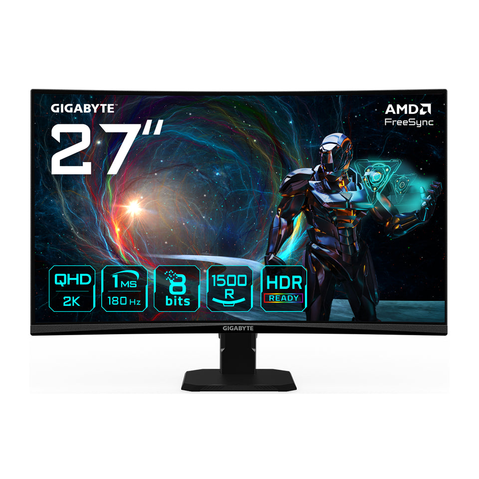 Monitor da gaming curvo GIGABYTE GS27QCA 27" QHD – 2560 x 1440, 180Hz, 1ms, 250 cd/m², FreeSync, HDR Ready, HDMI 2.0, DisplayPort 1.4