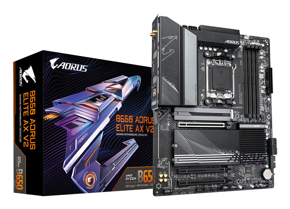 GIGABYTE B650 AORUS ELITE AX V2 Mainboard - AMD Ryzen 9000er-Serie, 12+2+2 Phasen VRM, bis zu 8000 MHz DDR5 (OC), 1xPCIe 5.0 + 2xPCIe 4.0 M.2, 2,5 GbE LAN, WIFI 6E, USB 3.2 Gen 2