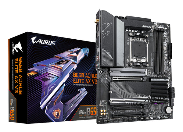 GIGABYTE B650 AORUS ELITE AX V2 Mainboard - AMD Ryzen 9000er-Serie, 12+2+2 Phasen VRM, bis zu 8000 MHz DDR5 (OC), 1xPCIe 5.0 + 2xPCIe 4.0 M.2, 2,5 GbE LAN, WIFI 6E, USB 3.2 Gen 2