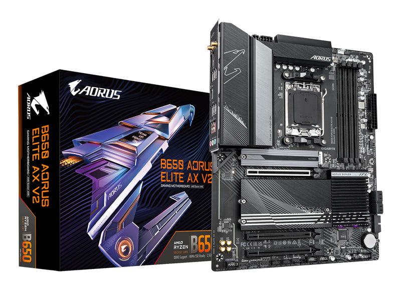 GIGABYTE B650 AORUS ELITE AX V2 Mainboard - AMD Ryzen 9000er-Serie, 12+2+2 Phasen VRM, bis zu 8000 MHz DDR5 (OC), 1xPCIe 5.0 + 2xPCIe 4.0 M.2, 2,5 GbE LAN, WIFI 6E, USB 3.2 Gen 2
