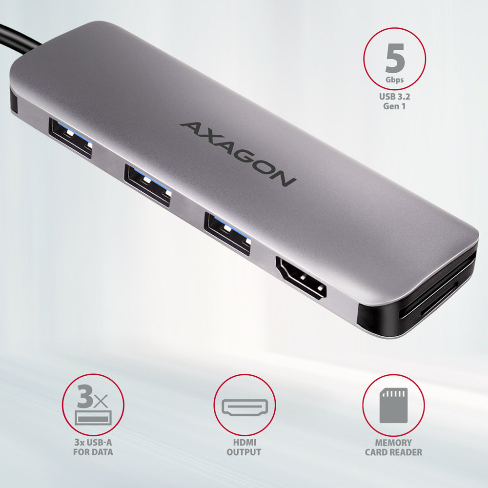 Axagon HMC-HCR3A 3x USB-A+ HDMI+ SD/microSD USB-C 3.2 Gen 1 hub 20cm Kabelgebunden USB 3.2 Gen 1 (3.1 Gen 1) Type-C Grau