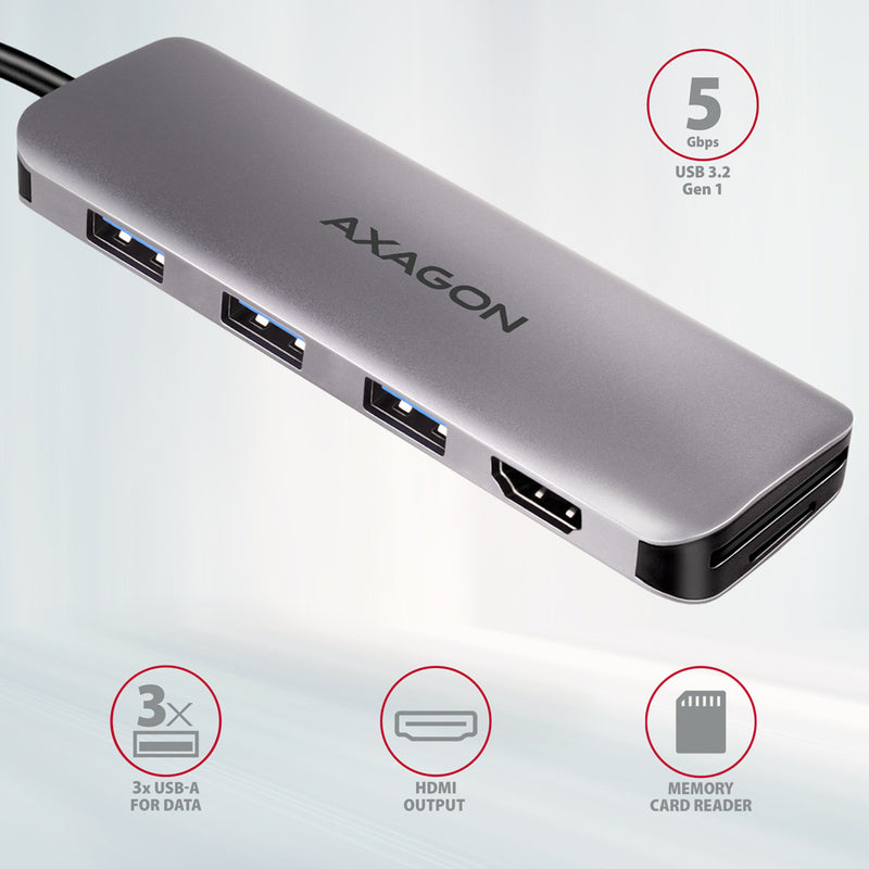Axagon HMC-HCR3A 3x USB-A+ HDMI+ SD/microSD USB-C 3.2 Gen 1 hub 20cm Kabelgebunden USB 3.2 Gen 1 (3.1 Gen 1) Type-C Grau